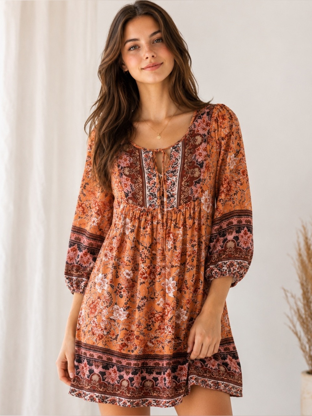 Terracotta Floral Babydoll Mini Dress Puff Sleeve Border Print Boho S
